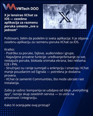 X je lansirao XChat za iOS — zasebna aplikacija za razmenu poruka umesto „sve u jednom”