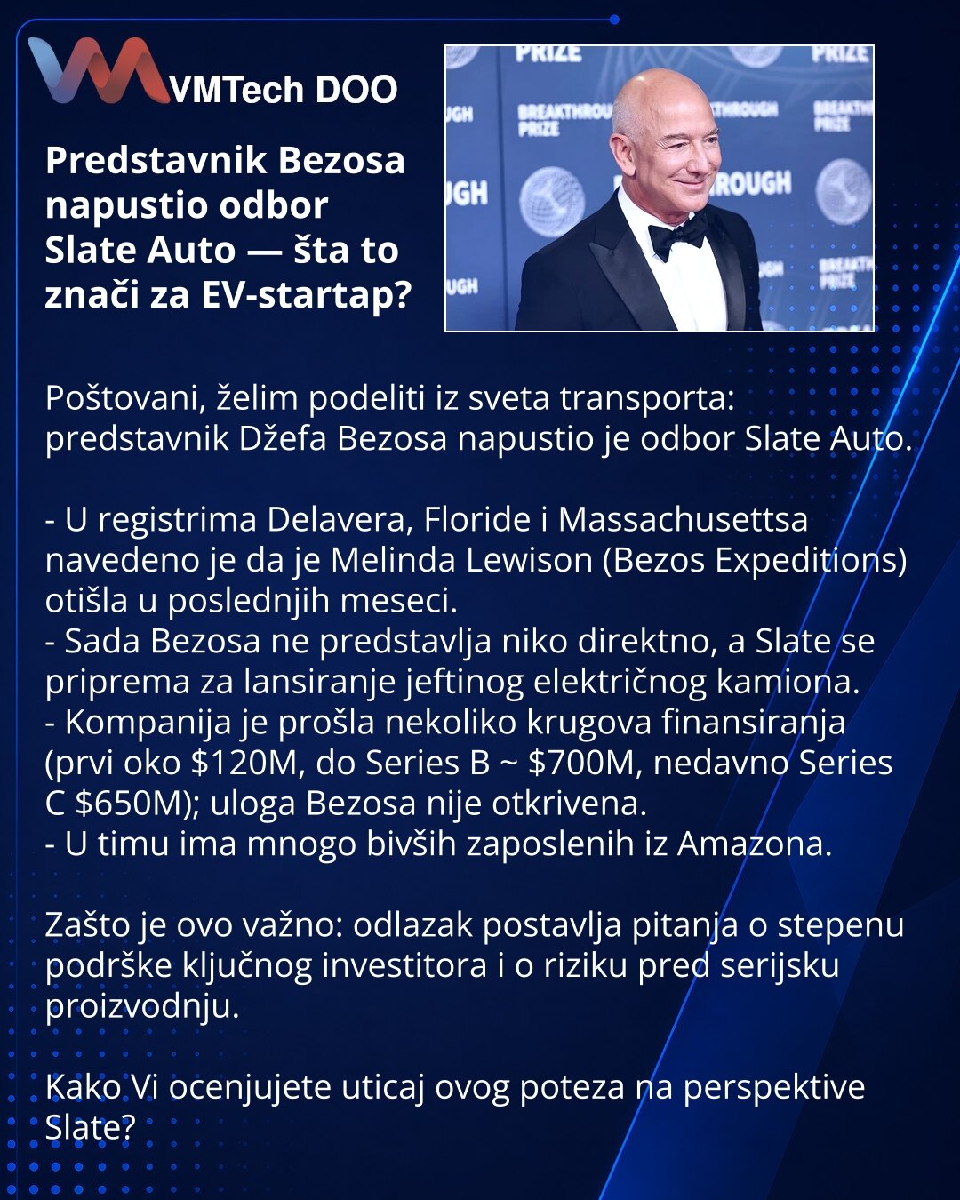 Predstavnik Bezosa napustio odbor Slate Auto — šta to znači za EV-startap?

Poštovani, želim podeliti iz sveta transporta: predstavnik Džefa Bezosa napustio je odbor Slate Auto.

- U registrima Delavera, Floride i Massachusettsa navedeno je da je Melinda Lewison (Bezos Expeditions) otišla u poslednjih meseci.
- Sada Bezosa ne predstavlja niko direktno, a Slate se priprema za lansiranje jeftinog električnog kamiona.
- Kompanija je prošla nekoliko krugova finansiranja (prvi oko $120M, do Series B