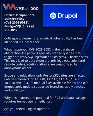 Критическая уязвимость Drupal Core (CVE-2026-9082): PostgreSQL‑сайты под угрозой RCE