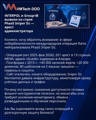 INTERPOL и Group‑IB вывели из строя PhaaS Sniper Dz — арест администратора
