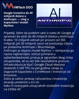 Google investira do 40 milijardi dolara u Anthropic — ulog u kapacitete i model Mythos