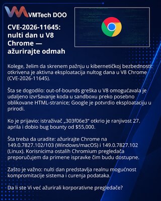 CVE-2026-11645: nulti dan u V8 Chrome — ažurirajte odmah