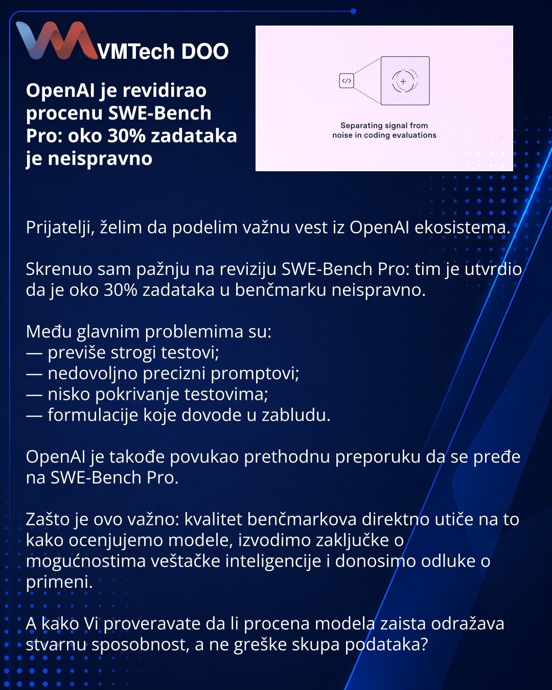 OpenAI je revidirao procenu SWE-Bench Pro: oko 30% zadataka je neispravno

Prijatelji, želim da podelim važnu vest iz OpenAI ekosistema.

Skrenuo sam pažnju na reviziju SWE-Bench Pro: tim je utvrdio da je oko 30% zadataka u benčmarku neispravno.

Među glavnim problemima su:
— previše strogi testovi;
— nedovoljno precizni promptovi;
— nisko pokrivanje testovima;
— formulacije koje dovode u zabludu.

OpenAI je takođe povukao prethodnu preporuku da se pređe na SWE-Bench Pro.

Zašto je ovo važno: kv