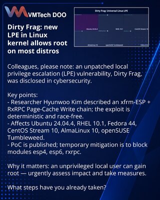 Dirty Frag: new LPE in Linux kernel allows root on most distros