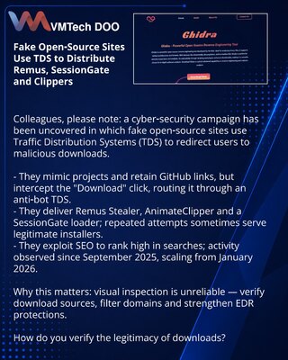 Фальшивые open‑source сайты используют TDS для распространения Remus, SessionGate и клипперов