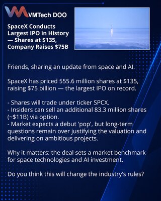 SpaceX провела крупнейшее IPO в истории — акции по $135, компания привлекла $75 млрд