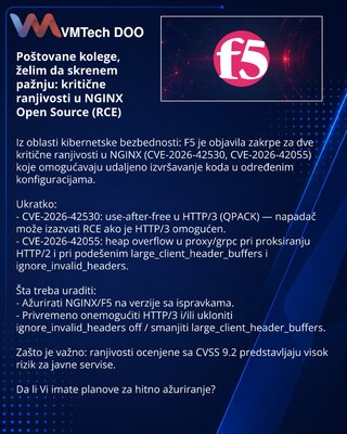 Poštovane kolege, želim da skrenem pažnju: kritične ranjivosti u NGINX Open Source (RCE)
