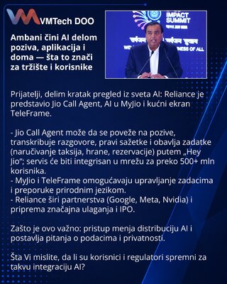 Ambani čini AI delom poziva, aplikacija i doma — šta to znači za tržište i korisnike