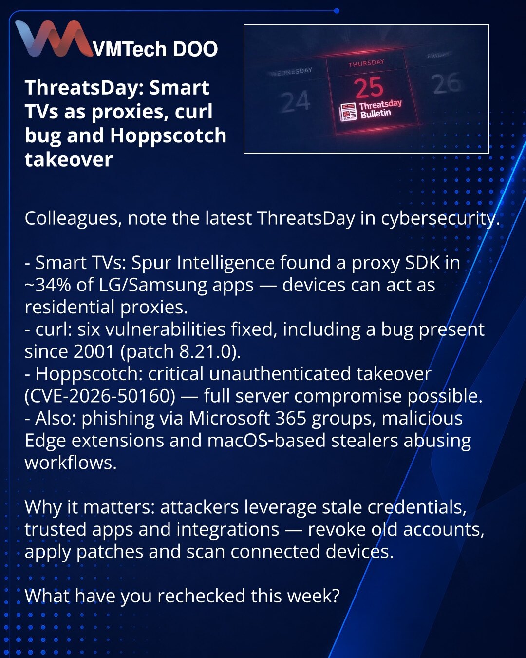 ThreatsDay: smart‑TV kao rezidencijalni proxy, bag u curl‑u i preuzimanje Hoppscotch

Kolege, želim da skrenem pažnju: objavljen je novi broj ThreatsDay.

- Smart‑TV: Spur Intelligence otkrio proxy‑SDK u ~34% LG/Samsung aplikacija — uređaji mogu postati rezidencijalni proxy.
- curl: zakrpljeno šest ranjivosti, uključujući bag prisutan od 2001. (patch 8.21.0).
- Hoppscotch: kritično unauthenticated takeover (CVE‑2026‑50160) — moguća potpuna kompromitacija servera.
- Takođe: phishing preko Microso