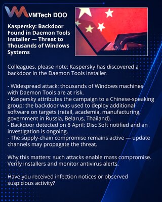 Kaspersky: u instalateru Daemon Tools otkriven backdoor — pretnja za hiljade Windows