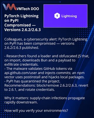 PyTorch Lightning na PyPI kompromitovan — verzije 2.6.2/2.6.3