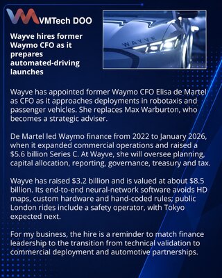 Wayve appoints former Waymo finance chief Elisa de Martel as CFO