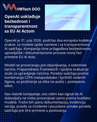 OpenAI podržao dva kodeksa EU i proširio mere za bezbednu primenu AI-ja