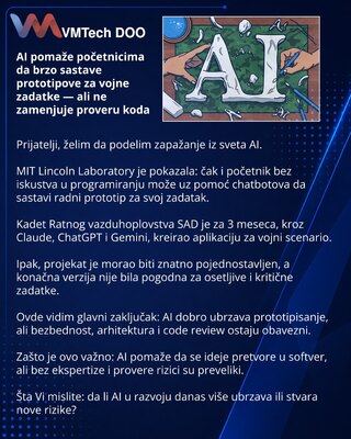 AI pomaže početnicima da brzo sastave prototipove za vojne zadatke — ali ne zamenjuje proveru koda