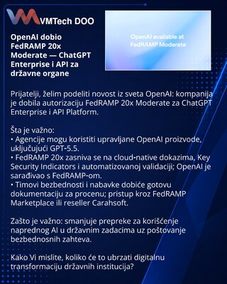 OpenAI dobio FedRAMP 20x Moderate — ChatGPT Enterprise i API za državne organe