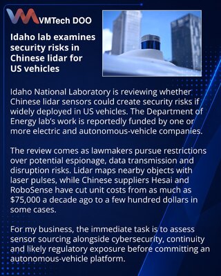 Idaho National Laboratory Reviews Security Risks of Chinese Lidar