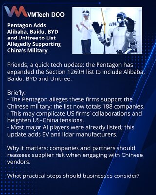 Pentagon Adds Alibaba, Baidu, BYD and Unitree to List Allegedly Supporting China's Military