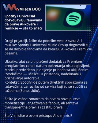 Spotify i Universal dozvoljavaju fanovima da prave AI-kovere i remikse — šta to znači