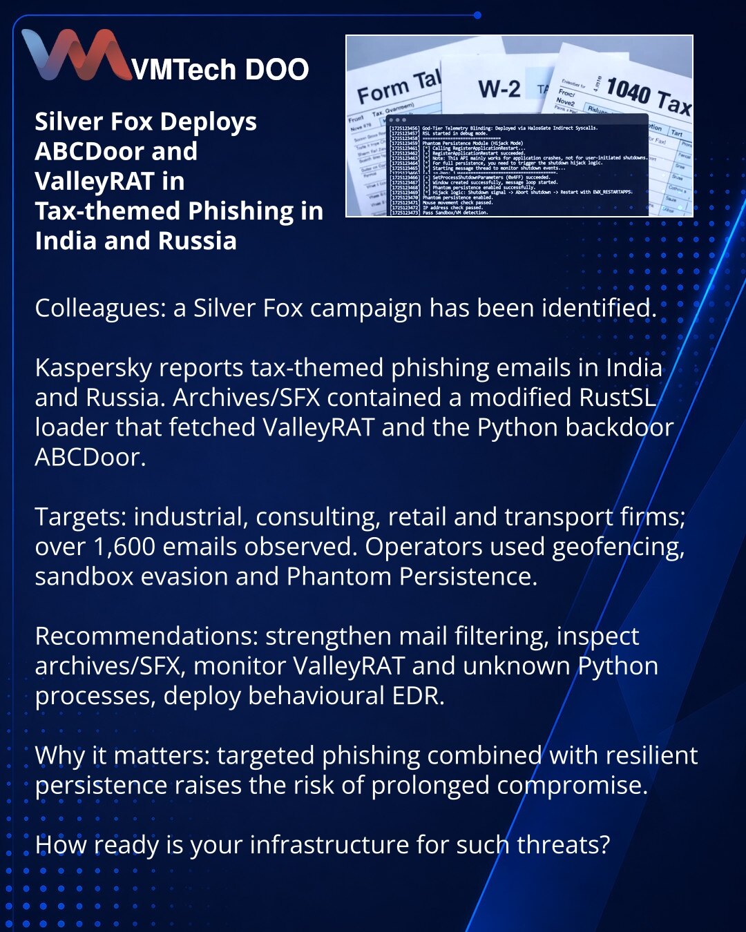 Silver Fox primenjuje ABCDoor i ValleyRAT putem poreskog fišinga u Indiji i Rusiji

Kolege, obratite pažnju: u oblasti sajber bezbednosti identifikovana je kampanja Silver Fox.

Kaspersky: grupa je slala poreske fišing poruke u Indiji i Rusiji. U arhivima/SFX pronađen je modifikovani RustSL‑loader koji učitava ValleyRAT i novi Python backdoor ABCDoor.

Pogođene su industrijske, konsultantske, maloprodajne i transportne firme; zabeleženo 1.600+ poruka. Korišćen geofencing, zaobilaženje sandboksa