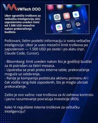 Uber ograničio troškove za veštačku inteligenciju (AI): zaposlenima uveden limit od 1.500 USD mesečno nakon prekoračenja budžeta