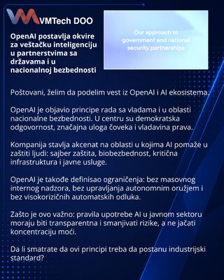 OpenAI postavlja okvire za veštačku inteligenciju u partnerstvima sa državama i u nacionalnoj bezbednosti