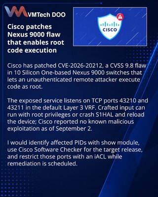 Cisco zakrpe za kritični root propust u Nexus 9000 uređajima