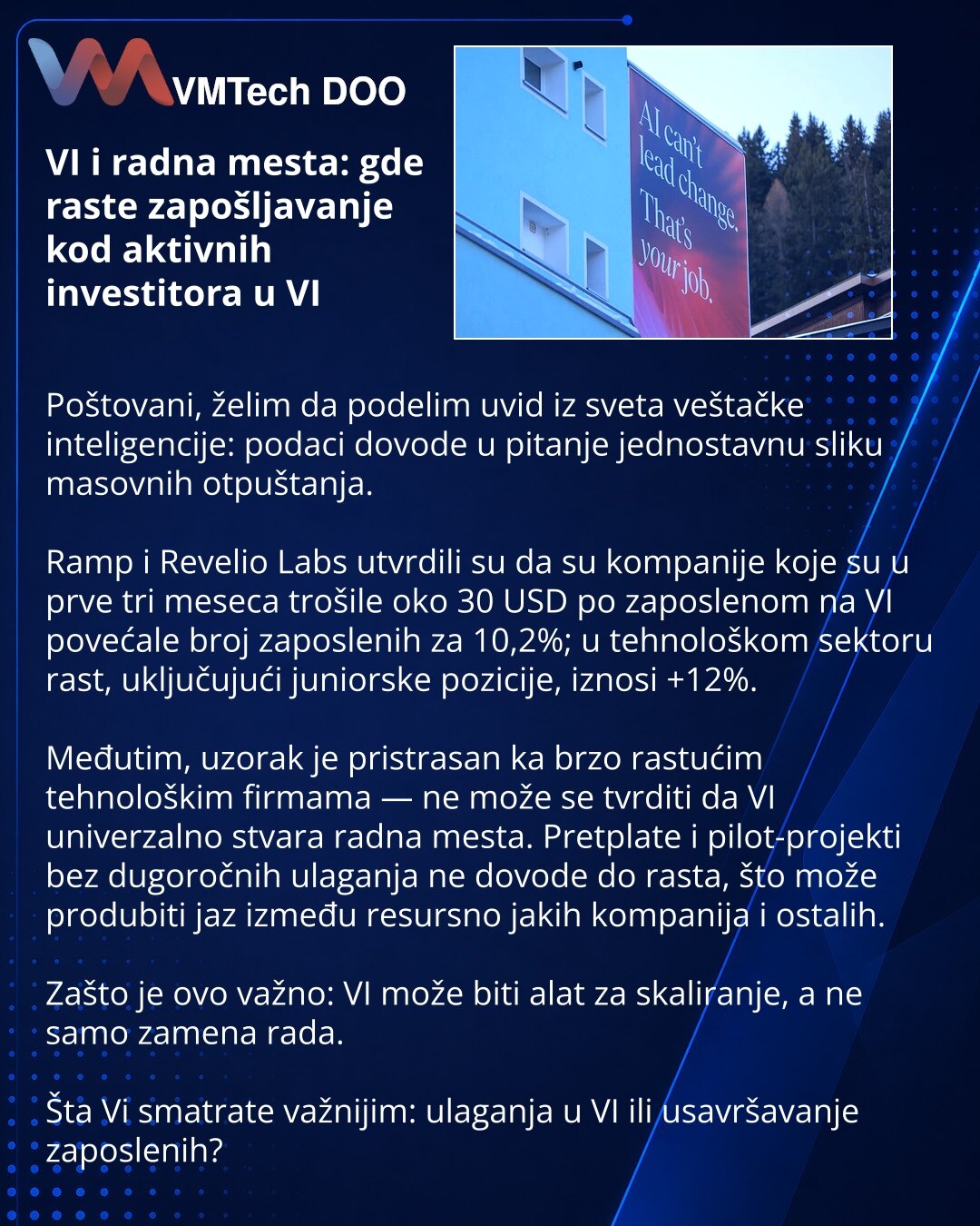 VI i radna mesta: gde raste zapošljavanje kod aktivnih investitora u VI

Poštovani, želim da podelim uvid iz sveta veštačke inteligencije: podaci dovode u pitanje jednostavnu sliku masovnih otpuštanja.

Ramp i Revelio Labs utvrdili su da su kompanije koje su u prve tri meseca trošile oko 30 USD po zaposlenom na VI povećale broj zaposlenih za 10,2%; u tehnološkom sektoru rast, uključujući juniorske pozicije, iznosi +12%.

Međutim, uzorak je pristrasan ka brzo rastućim tehnološkim firmama — ne mož