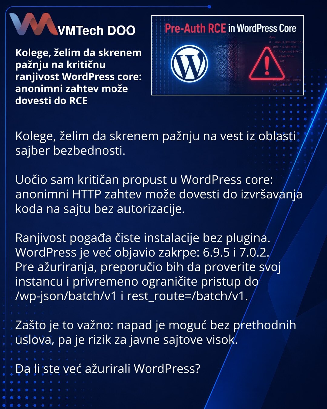 Коллеги, хочу обратить внимание на критическую уязвимость WordPress core: anonymous запрос может привести к RCE