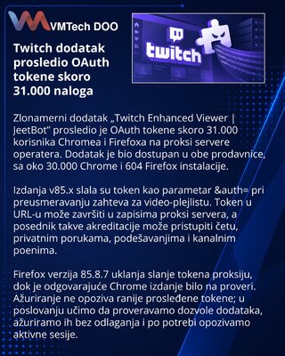 JeetBot dodatak izložio Twitch OAuth tokene skoro 31.000 korisnika