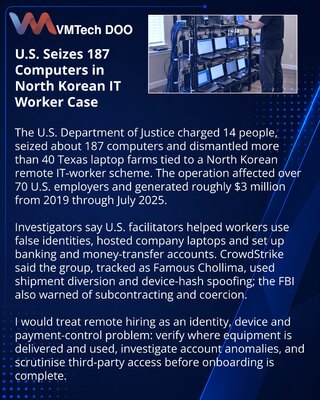 U.S. Charges 14 and Dismantles North Korean Laptop Farms