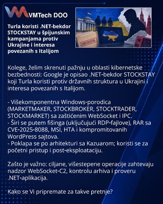 Turla koristi .NET-bekdor STOCKSTAY u špijunskim kampanjama protiv Ukrajine i interesa povezanih s Italijom