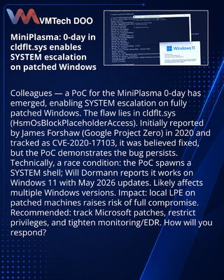 MiniPlasma: 0-day u cldflt.sys omogućava eskalaciju do SYSTEM na ažuriranim Windows