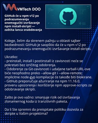 GitHub će u npm v12 po podrazumevanju onemogućiti izvršavanje npm install-skripti — zaštita lanca snabdevanja