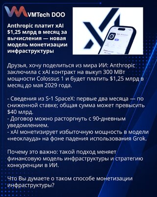 Anthropic plaća xAI $1,25 mlrd mesečno za računarske resurse — novi model monetizacije infrastrukture