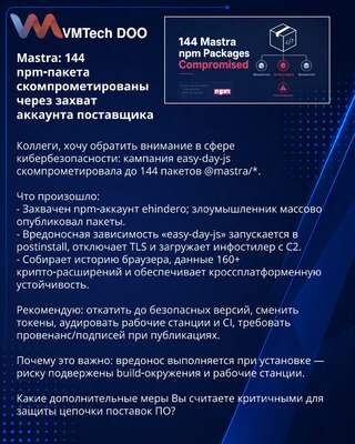 Mastra: 144 npm‑paketa s kompromitovana kroz preuzimanje naloga dobavljača
