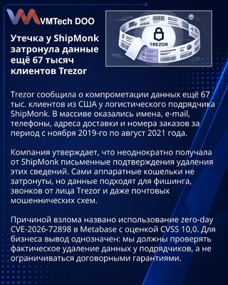 Утечка у ShipMonk раскрыла данные 67 тысяч клиентов Trezor