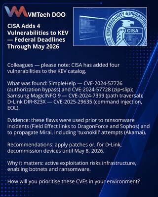 CISA je dodala 4 ranjivosti u KEV — savezni rokovi do maja 2026