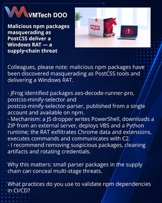 Štetni npm paketi prerušeni u PostCSS isporučuju Windows‑RAT — pretnja lancu snabdevanja