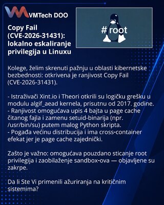 Copy Fail (CVE-2026-31431): lokalno eskaliranje privilegija u Linuxu