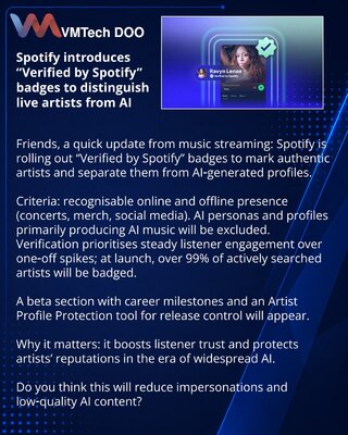 Spotify uvodi bedževe „Verified by Spotify“ za razdvajanje stvarnih umetnika od AI