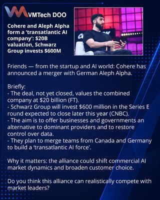 Cohere i Aleph Alpha stvaraju „transatlantsku AI‑kompaniju": procena 20 mlrd USD, Schwarz Group ulaže 600 mln USD