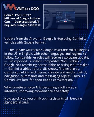 Gemini stiže u milione vozila sa Google built-in — konverzacijski AI umesto Google Assistanta