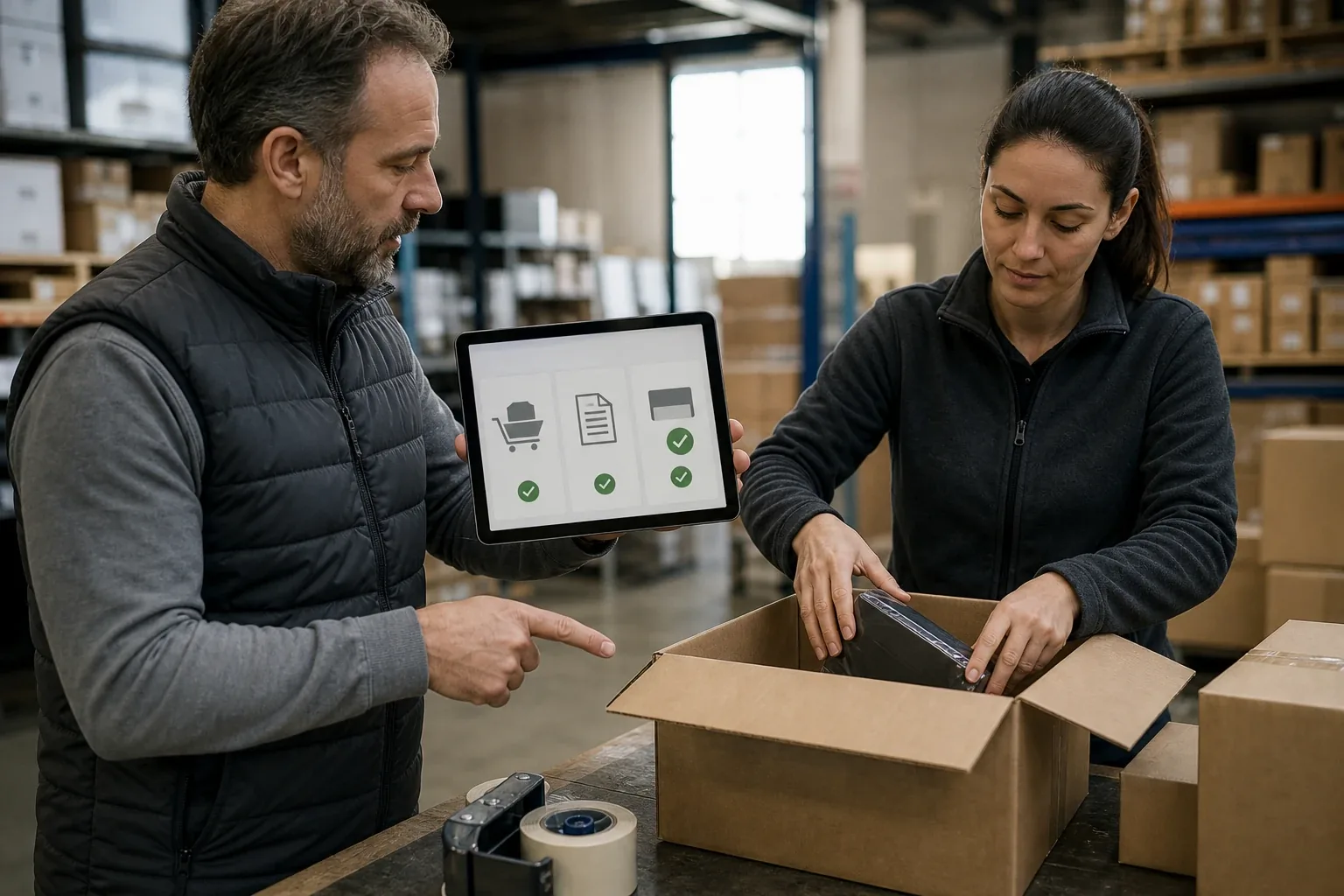 A warehouse supervisor verifies the linked order, electronic invoice and confirmed payment on a tablet, then authorizes a worker to begin preparing the goods for shipment.