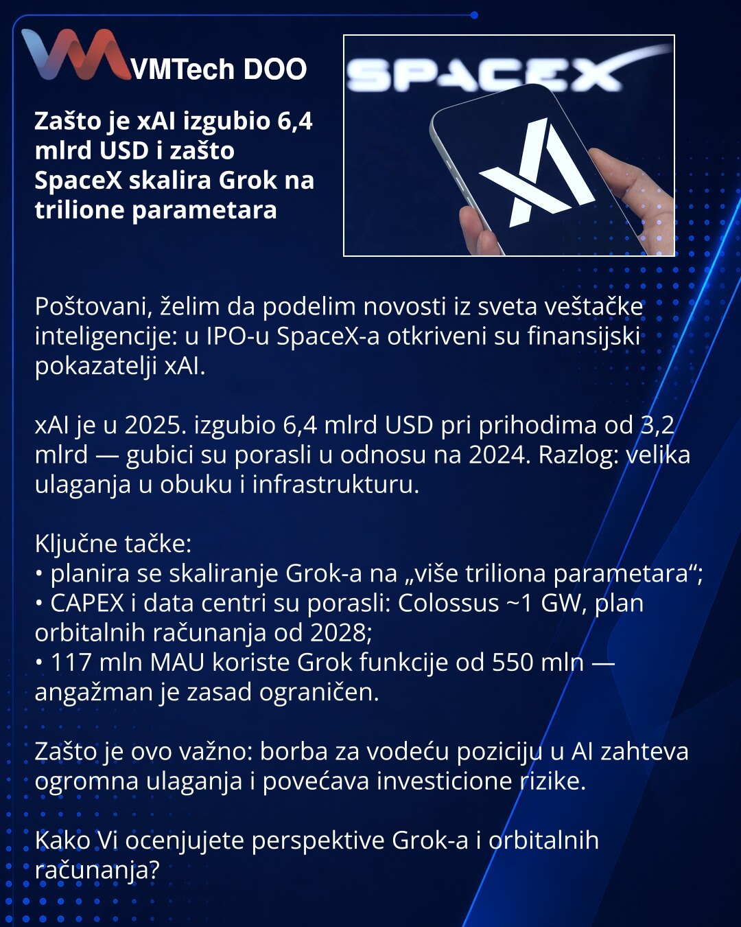 Zašto je xAI izgubio 6,4 mlrd USD i zašto SpaceX skalira Grok na trilione parametara

Poštovani, želim da podelim novosti iz sveta veštačke inteligencije: u IPO-u SpaceX-a otkriveni su finansijski pokazatelji xAI.

xAI je u 2025. izgubio 6,4 mlrd USD pri prihodima od 3,2 mlrd — gubici su porasli u odnosu na 2024. Razlog: velika ulaganja u obuku i infrastrukturu.

Ključne tačke:
• planira se skaliranje Grok-a na „više triliona parametara“;
• CAPEX i data centri su porasli: Colossus ~1 GW, plan or