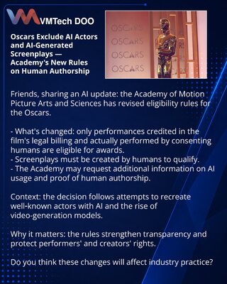 Oscars Exclude AI Actors and AI-Generated Screenplays — Academy's New Rules on Human Authorship