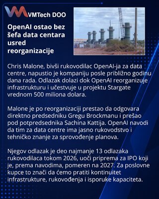 Odlazak šefa data centara pojačava pritisak na OpenAI