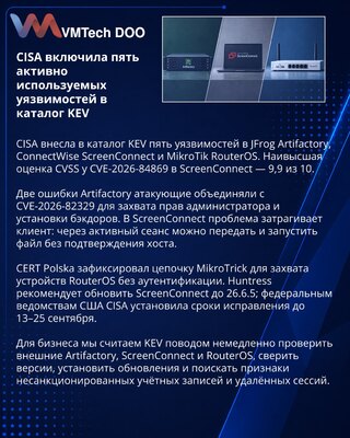 CISA u KEV uvrstila pet ranjivosti u Artifactoryju, ScreenConnectu i RouterOS-u