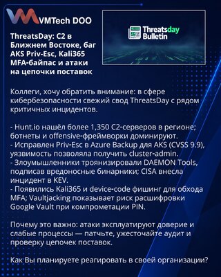 ThreatsDay: C2 в Ближнем Востоке, баг AKS Priv-Esc, Kali365 MFA‑байпас и атаки на цепочки поставок