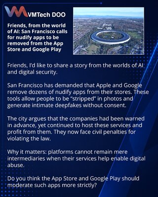 Prijatelji, iz sveta veštačke inteligencije: San Francisko traži uklanjanje nudify aplikacija iz App Store-a i Google Play-a